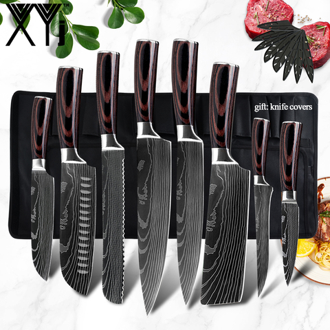 XYj – ensemble de couteaux de Chef de cuisine 7CR17, en acier inoxydable à haute teneur en carbone, motif damas, couperet à viande, tranchage Santoku, outils de cuisine, sac de couteaux ► Photo 1/6