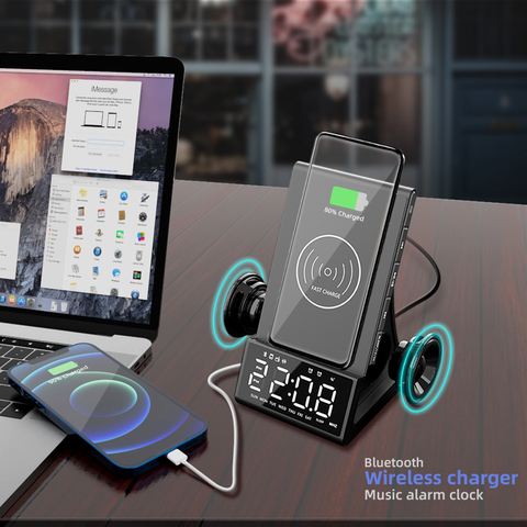 Chargeur sans fil réveil haut-parleur Bluetooth LED Table d'horloge numérique intelligente horloges de bureau électroniques Radio Fm USB chargeur rapide ► Photo 1/6