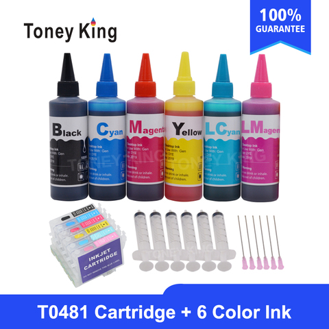 Toney King – cartouches d'encre T0481 pour imprimante Epson Stylus Photo, 6x100ml, pour R200, R220, R320, R340, RX500, RX60, avec bouteille d'encre ► Photo 1/6