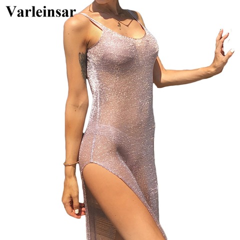 Sexy filet transparent maille tricoté paillettes tunique plage couvrir couverture longues Robe de plage vêtements de plage femmes Robe V651 ► Photo 1/6