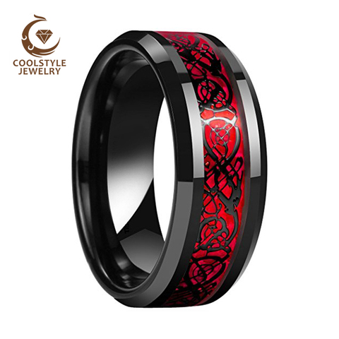 Bracelet de mariage en tungstène noir, 8MM, bague de mariage, avec opale rouge et incrustation de Dragon noir, pour hommes et femmes, nouveauté ► Photo 1/2