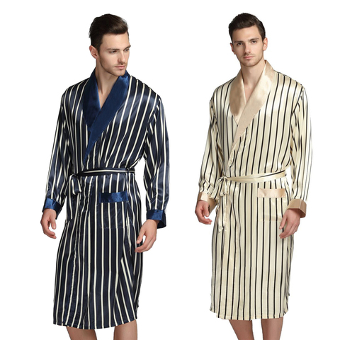 Pyjama en Satin de soie pour hommes, vêtements de nuit, Robes S M L XL 2XL 3XL Plus Beige bleu rayé ► Photo 1/4