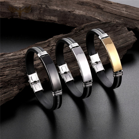 Fgift – Bracelets à breloques en Silicone noir, avec manchette en acier inoxydable, accessoires, bijoux pour hommes et femmes ► Photo 1/6