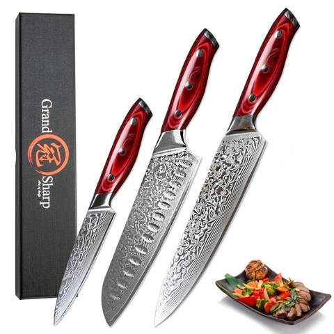 GRANDSHARP-couteaux japonais damas Santoku, ensemble de couteaux de cuisine utilitaires vg10, 67 couches, coffret cadeau ► Photo 1/6