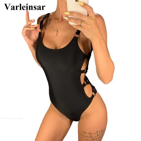 2022 Sexy noir creux découpé plein dos femmes maillots de bain une pièce maillot de bain femme baigneur maillot de bain plage dame V649B ► Photo 1/6