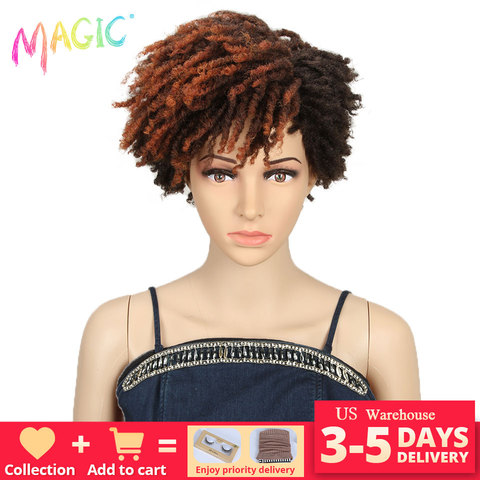 Magique 10 pouces Afro crépus bouclés perruque synthétique courte Dreadlock perruque avec frange Ombre noir blond Crochet perruque pour les femmes noires ► Photo 1/6