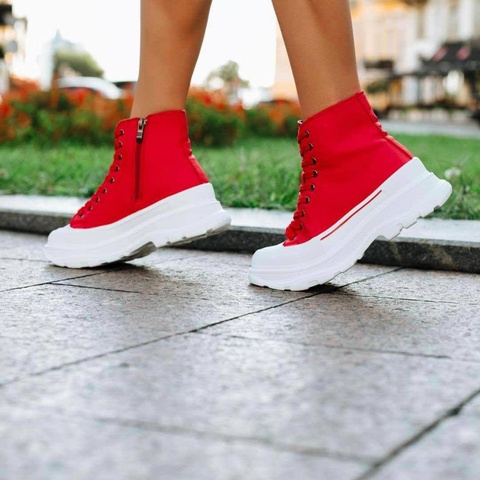 Baskets montantes tendance femme à semelles épaisses, doublure sur le vélo, rouge, noir, gris ► Photo 1/3