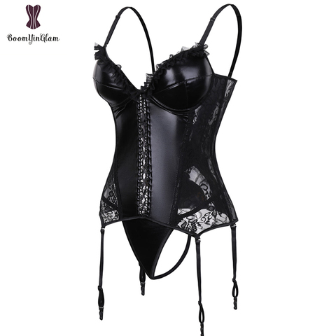 Soutien-gorge en Faux cuir, noir brillant, Steampunk en dentelle gothique pour femme, Bustier, Lingerie grande taille, S-XXXXXXL ► Photo 1/6