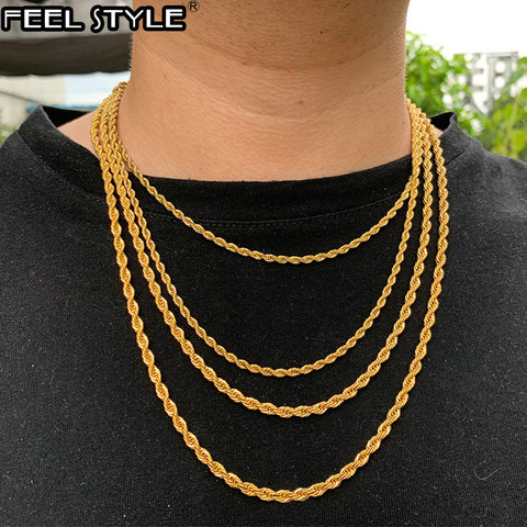 Collier en acier inoxydable pour hommes et femmes, largeur de hanche 3mm/4mm/5mm, 316L, chaîne en corde torsadée, bijoux or or ► Photo 1/6