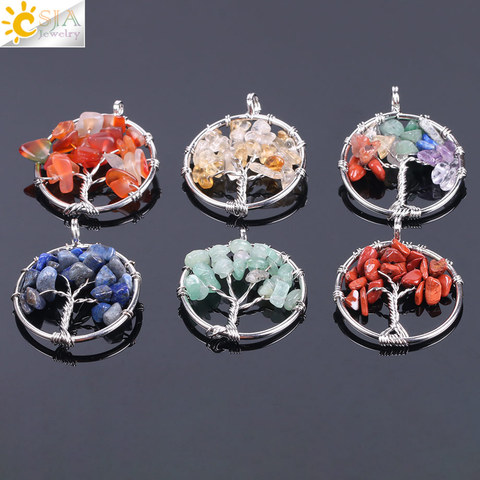 CSJA Arbre de Vie Collier et Pendentif En Argent-couleur Cristal Naturel Gem Pierre Puce Perles 7 Chakra Fil Enroulé femmes Bijoux F141 ► Photo 1/6