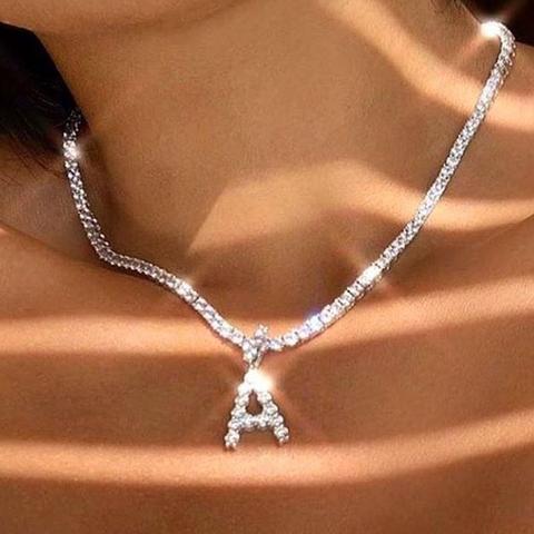 Collier Initial de lettres pour femmes couleur argent, déclaration ras du cou de chaîne Tennis, collier de 26 lettres de l'alphabet en cristal scintillant, bijoux ► Photo 1/6