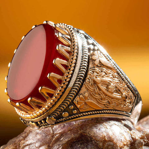 Bague pour hommes en argent Sterling 925 avec bague en Agate de pierre bordeaux foncé pour hommes ► Photo 1/6