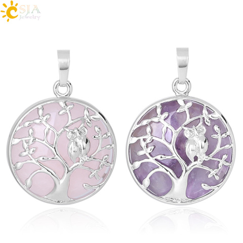 CSJA-collier pendentif arbre de vie, perle plate sur arbres, pierre naturelle, hibou, perles de cristal, pendentifs, bijoux de charme fait à la main, F337 ► Photo 1/6