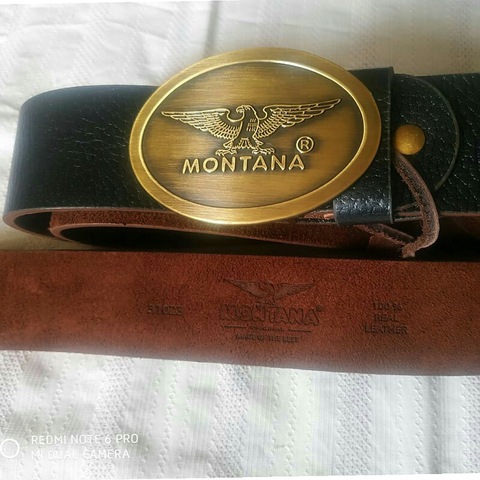 Ceinture pour hommes, Montana art. 31023 noir et marron. Cuir véritable 100% avec une plaque métallique ovale de couleur or. ► Photo 1/3