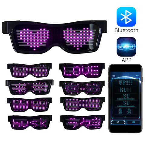 Волшебные светящиеся очки с Bluetooth, светодиодный экран вечерние с управлением через приложение, зарядка через USB, сделай сам, управление через приложение, многоязычная быстрая вспышка ► Фото 1/5
