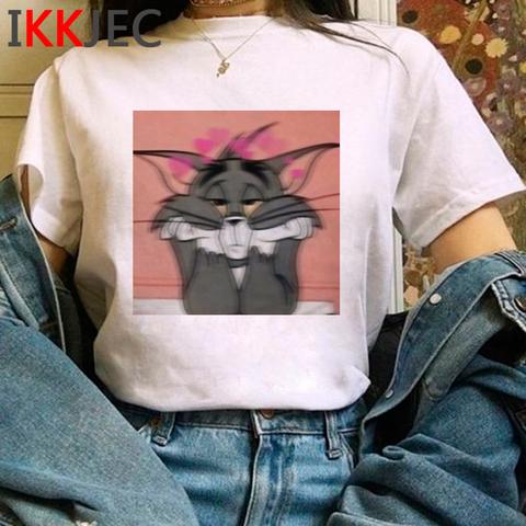 Женская футболка Ullzang 90s, симпатичная футболка с рисунком кошки и мышки из мультфильма Харадзюку, уличная одежда ► Фото 1/6