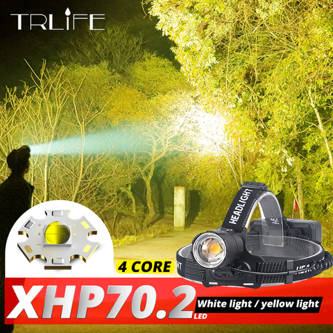 Светодиодный налобный фонарь XHP70.2, самый мощный желтый или белый светодиодный фонарь для рыбалки, кемпинга, масштабируемый фонарь, 3 батареи... ► Фото 1/6