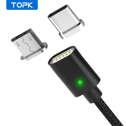 Магнитный кабель TOPK AM21, USB Type C Cable и Micro USB кабель в нейлоновой оплетке, со светодиодным индикатором, кабель для синхронизации данных и зарядки ► Фото 1/6