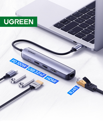 USB-концентратор UGREEN, компактный мини-концентратор USB Type-C 3,1 на 4K HDMI RJ45 PD USB 3,0, адаптер USB C, док-станция для MacBook Air Pro 2022, USB-концентратор для ПК ► Фото 1/6