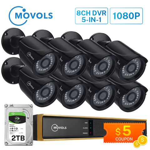 Камера видеонаблюдения Movols, 8 шт., камера безопасности с защитой от непогоды, 8 каналов, 1080 пикселей, DVR, подходит для использования в помещени... ► Фото 1/6