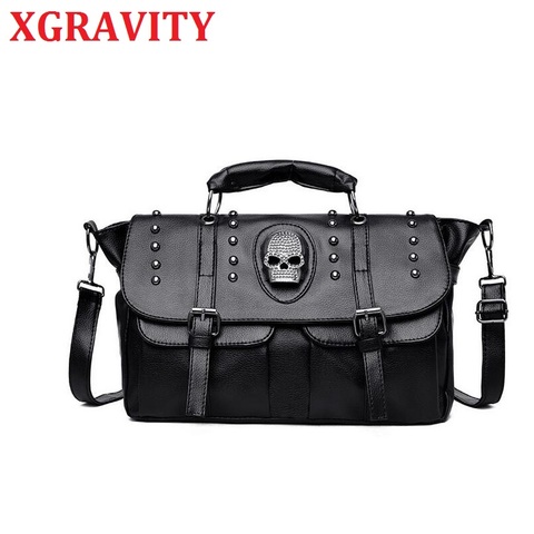 Женская сумка через плечо XGRAVITY, черная вместительная сумка с заклепками и черепами в стиле панк, модель H001, 2022 ► Фото 1/6