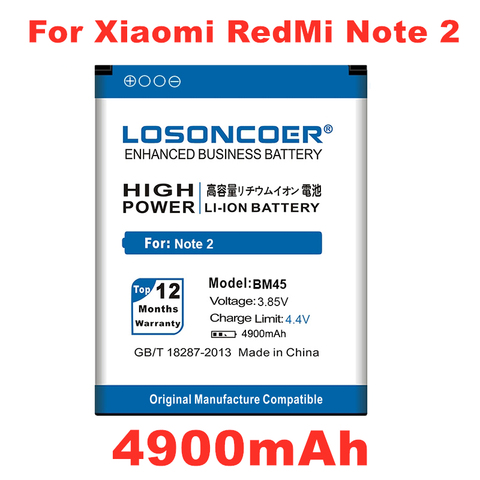 Аккумулятор LOSONCOER BM45, 4900 мА/ч, для Xiaomi Redmi Note 2, оригинальный полимерный аккумулятор Hongmi Red Rice Note2, мобильный телефон ► Фото 1/6
