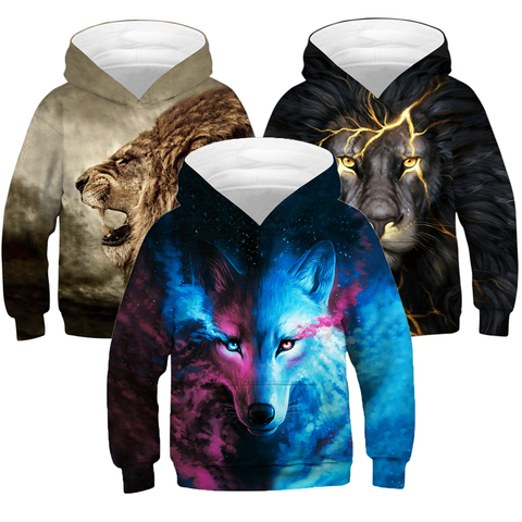 Куртка для мальчиков большого размера с 3D Цифровым принтом льва и волка, Повседневный свитер для мальчиков, свободная толстовка с капюшоном... ► Фото 1/6