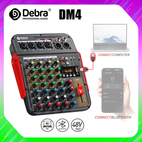 DM4 4-канальный аудио DJ микшер утешителя с 48В, Bluetooth, USB, чтобы Запись PC, защита от пыли для live, караоке, открытый вечерние. ► Фото 1/6