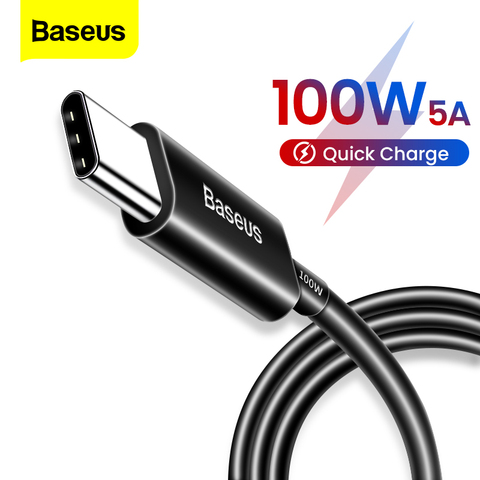 Кабель Baseus 100 Вт с Type C на Type C, кабель для быстрой зарядки 3,0 USB C, кабель для быстрой зарядки для Samsung S20 Huawei P40 5A, кабель Type-C ► Фото 1/6