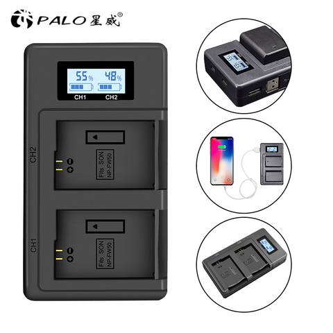 Зарядное устройство PALO для камеры npfw50 fw50, двойное зарядное устройство с ЖК-дисплеем и USB для Sony A6000 5100 a3000 a35 A55 a7s II alpha 55 alpha 7 A ► Фото 1/6