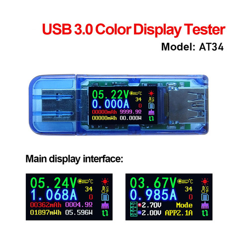 AT34 USB 3,0 цветной дисплей тестер ЖК-Вольтметр Амперметр измеритель напряжения измеритель тока USB тестер емкости мультиметр ► Фото 1/6