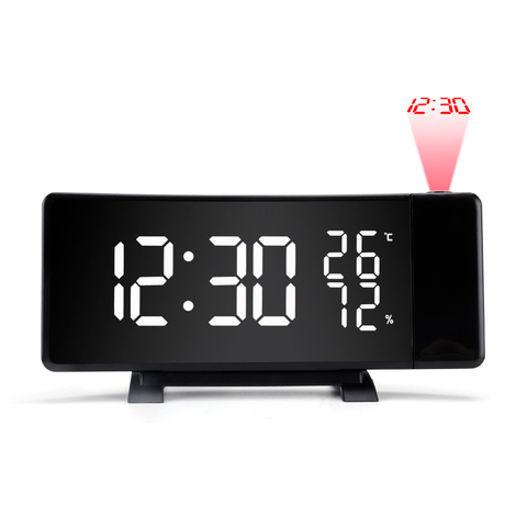 Трехцветные часы с проекцией времени и FM-радио, вращающийся на 180 градусов светодиодный цифровой изогнутый экран, термометр, гигрометр, будильник с повтором сигнала ► Фото 1/6