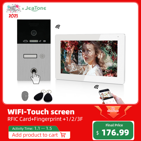 Jeatone TUYA 7 ”IP WIFI беспроводной видеодомофон для квартиры 1F/2F/3F монитор дверной звонок наружный унитаз с отпечатком пальца/RFIC карта ► Фото 1/6