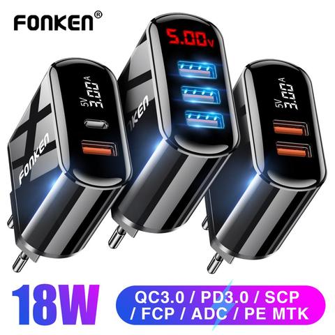 Зарядное устройство FONKEN Quick Charge 3,0 PD, 2 порта, быстрая зарядка для телефона, USB Type-C, настенный адаптер, светодиодный дисплей, зарядное устройст... ► Фото 1/6