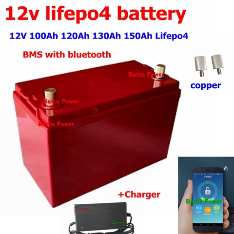 Водонепроницаемая батарея Lifepo4 BMS 12 В, 1200 Ач, с bluetooth для Вт солнечной системы, домашний мотор для лодки RV + зарядное устройство 10 А ► Фото 1/6