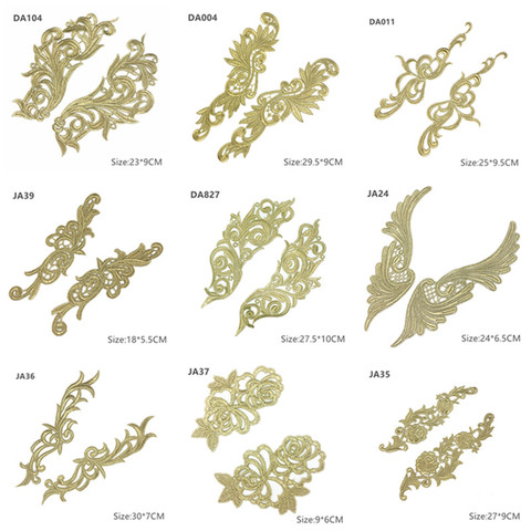 Zsbszc зеркальные парные вышитые нашивки, золотой гипюр, кружево для шитья, аппликации для платья, сделай сам, свадебные головные уборы, кружевной воротник JA104 ► Фото 1/5