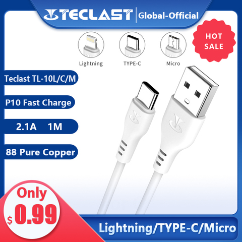 Быстрозаряжающий кабель Teclast P10 с разъемом Type-C Lightning Micro USB, ток А, надежное качество, материал ПВХ 1 м, быстрая зарядка ► Фото 1/6