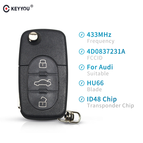 Ключ автомобильный KEYYOU 433 МГц с 3 кнопками для AUDI 4D0837231A 4D0 837 231 A Flip Fold ID48 Chip для A3 A4 A6 A8 старых моделей 1999-2002 ► Фото 1/6