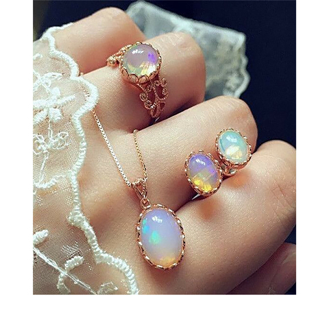 Vintage Opal Ювелирные наборы для женщин, подвеска, ожерелье, чокер воды Висячие серьги и кольцо удивительная цена свадебные украшения подарки ► Фото 1/5