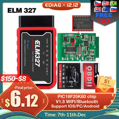 Считыватель кодов Elm327 V1.5 OBD2, диагностический инструмент для дизельного топлива/бензина на Android/IOS, Bluetooth/Wi-Fi, чип PIC18F25K80 ► Фото 1/6
