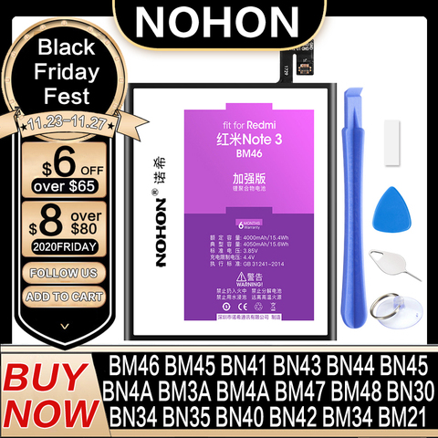 NOHON Аккумулятор для Xiao mi Red mi Note 2 4 3 Pro 4X 4A 5A mi Note2 Note3 BM45 BM46 BM47 BN30 BN34 BN40 BN41 BN43 BN44 BN45 Bateria ► Фото 1/6