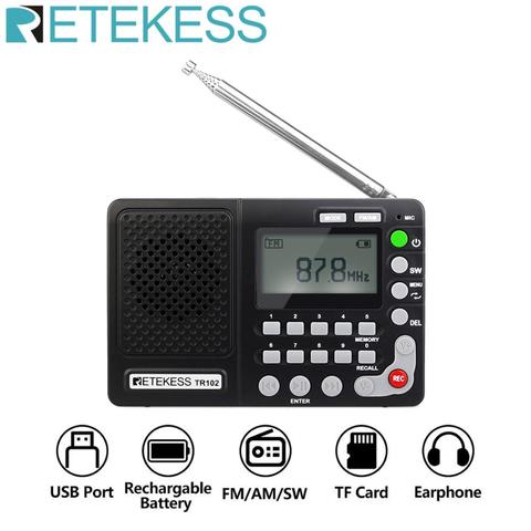 Портативный радиоприемник Retekess TR102, FM/AM/SW, World Band, mp3-плеер, записывающее устройство с таймером сна, черный fm-радиоприемник ► Фото 1/6