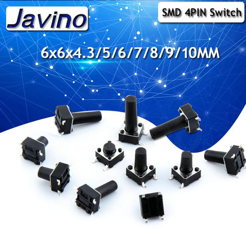 20 шт. SMD 4PIN 6x6x4. Микро 3/5/6/7/8/9/10 мм, тактовый переключатель 4,3 а 50 в, кнопочные переключатели 6x6x мм 6x6x5 мм 6x6x6 мм 6x6 мм 6x7 мм 6x6x8 мм ► Фото 1/2