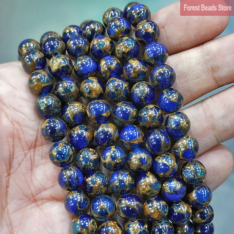 Темно-Синий Золотой кружевной перегородчатой натуральный камень круглые бусины Diy браслет ожерелье для изготовления ювелирных изделий 15 