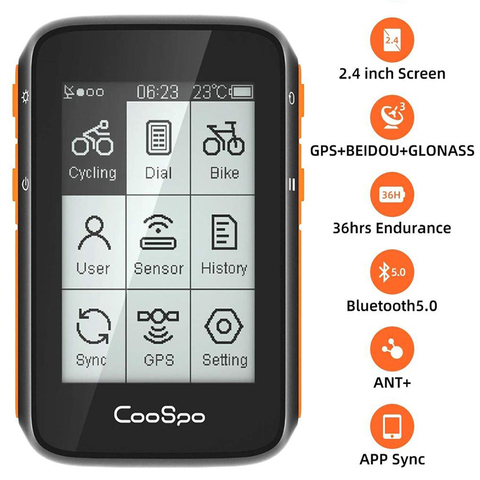 Беспроводной велокомпьютер CooSpo, GPS, спидометр, одометр, 2,4 дюйма, BLE5.0 ANT +, синхронизация с приложением, водонепроницаемый с кронштейном ► Фото 1/6