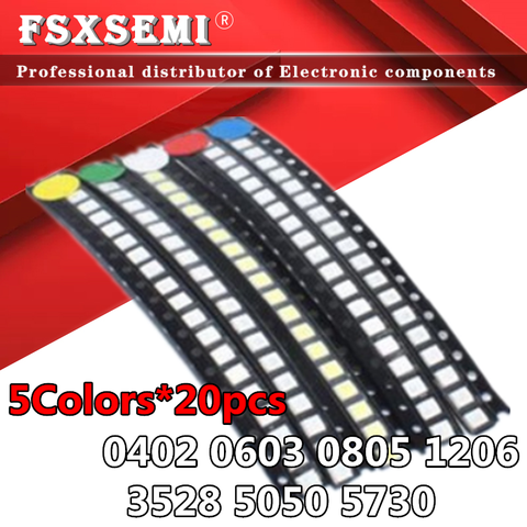 5 цветов x20pcs = 100 шт. 0402 5050 5730 1210 1206 3528 0805 0603 светодиодный Диод ассортимент SMD комплект зеленый/красный/белый/синий/желтый ► Фото 1/4
