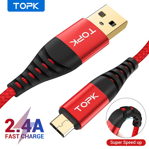 TOPK высокопрочный кабель Micro USB нейлоновый кабель для передачи данных мобильный телефон кабели для Samsung Galaxy S7 edge S6 Xiaomi Redmi Note 5 ► Фото 1/6