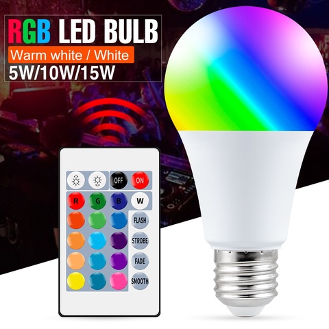 Светодиодный RGB лампа RGBW Lampara E27 ИК-пульт дистанционного управления умный светильник 5 Вт 10 Вт 15 Вт красочные лампы RGBWW светодиодный светильни... ► Фото 1/6
