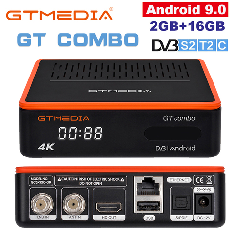 GTMedia GT комбо DVB-S2/T2/C Android 9,0 TV BOX 4K 8K-цифра спутниковый телевизионный ресивер 2 Гб оперативной памяти, 16 Гб встроенной памяти, 2,4G/5G Wi-Fi BT4.1 эмалированный около Голосовое управление Google ► Фото 1/6