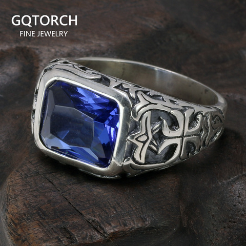 Серебряное кольцо с натуральным синим сапфиром стилизованное под старые тибетские  украшения (серебро 925 пробы). ► Фото 1/6